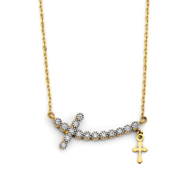 14k Yellow And White Gold 2t Double Cross Cz Necklace
